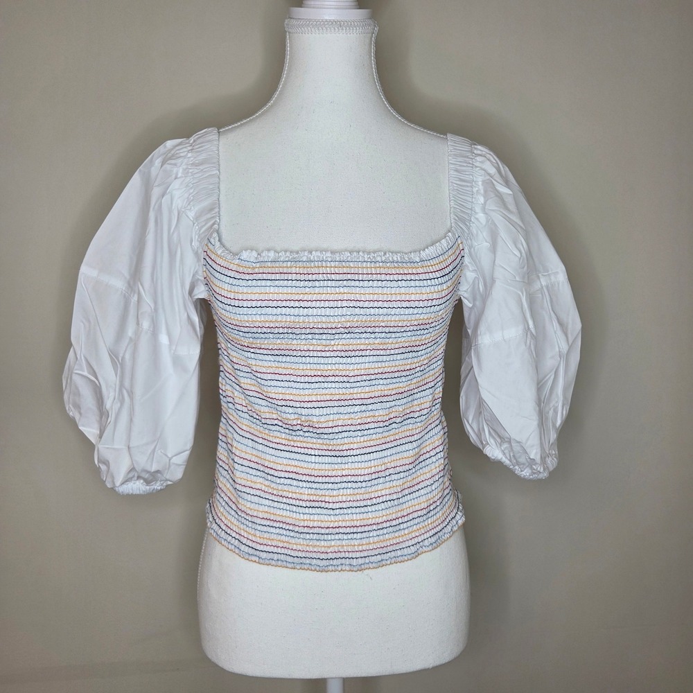 Sokee Collective Smocked Puff Sleeve Top NWT XL Rainbow Stripe Cottagecore